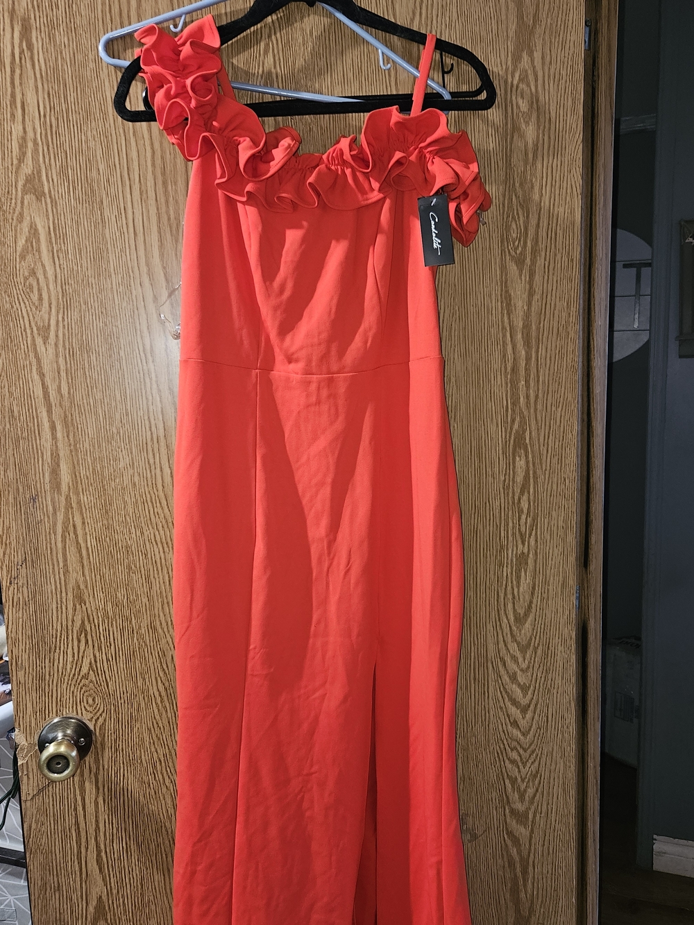Candalite Red Ruffle One-Shoulder Maxi Dress